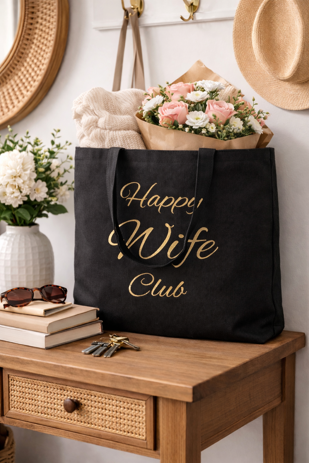 Happy Wife Club Black Canvas Tote Bag