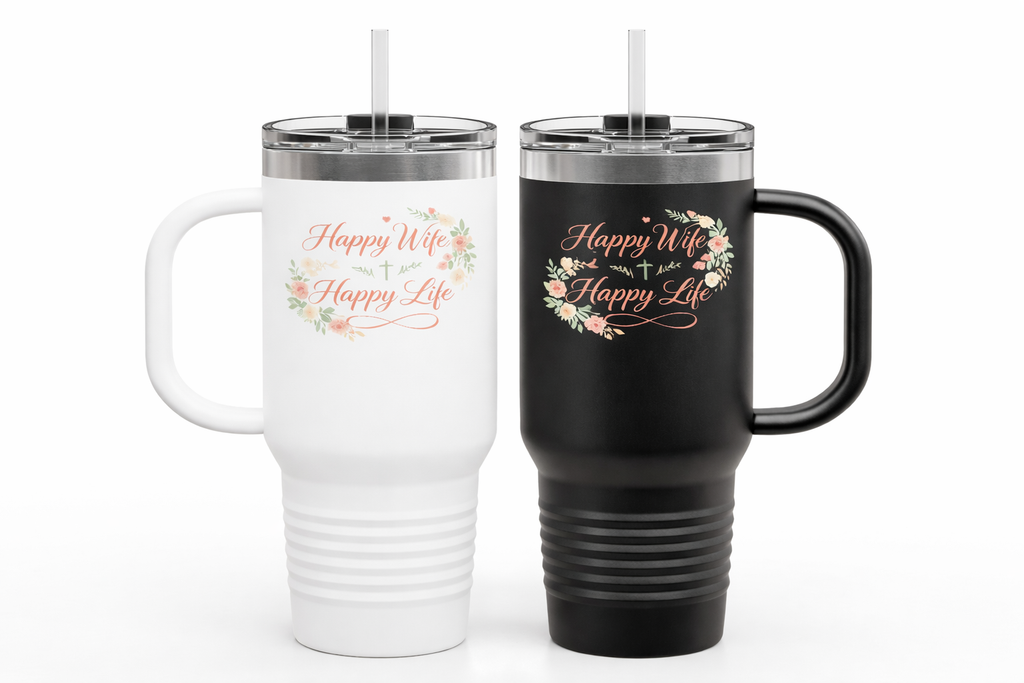 Happy Wife, Happy Life 40 oz Tumbler with Handle & Straw