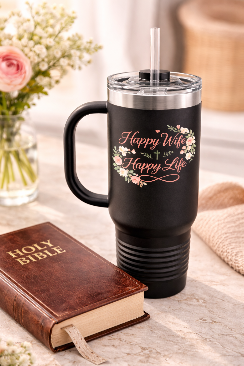 Happy Wife, Happy Life 40 oz Tumbler with Handle & Straw