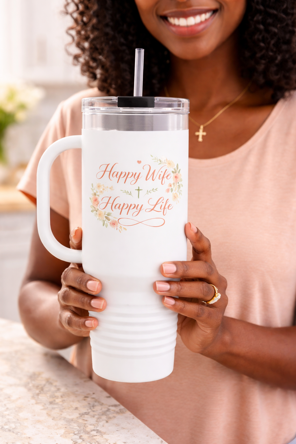 Happy Wife, Happy Life 40 oz Tumbler with Handle & Straw